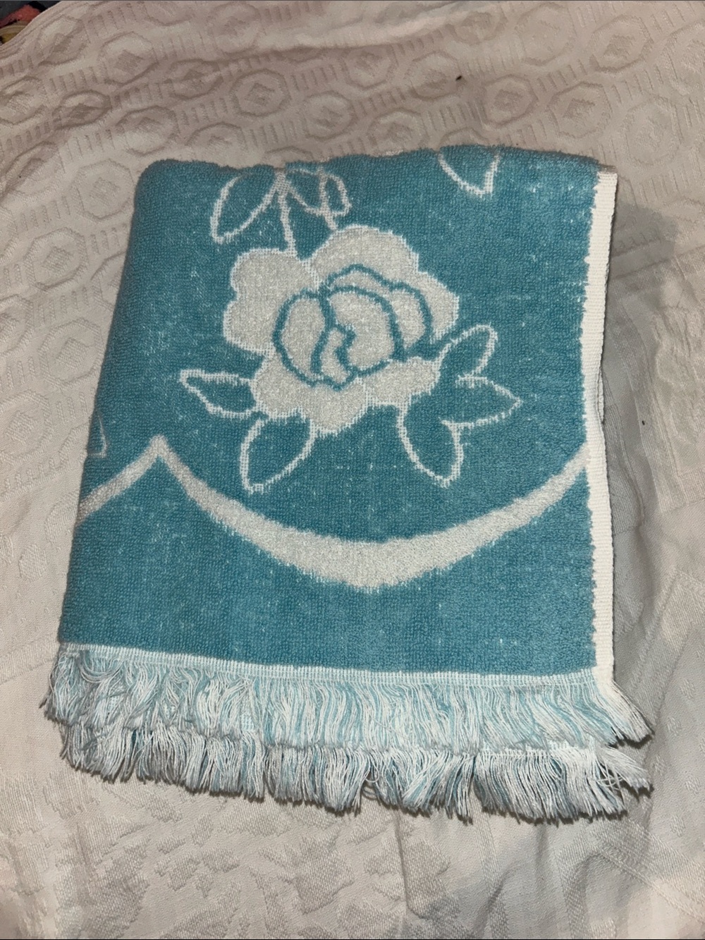 Vintage martex Blue and White Floral towel  with Fringe